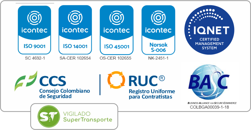 Logos de ISO 9001, ISO 14001, ISO 45001, Norsok S-006, IQNET, CCS, RUC, BASC y Vigilado SuperTransporte