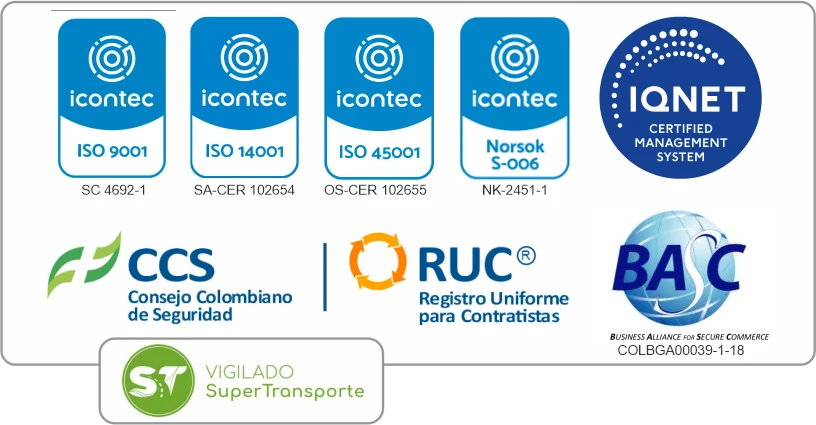 Logos de ISO 9001, ISO 14001, ISO 45001, Norsok S-006, IQNET, CCS, RUC, BASC y Vigilado SuperTransporte